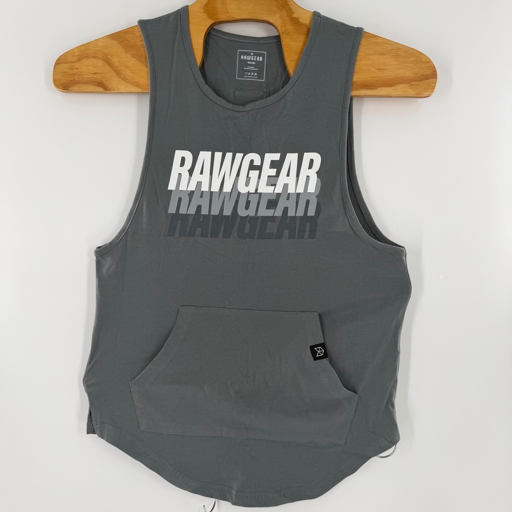 Rawgear Mens Charcoal Grey Graphic Muscle Tank Top Gym Shirt Size Medium Pocket